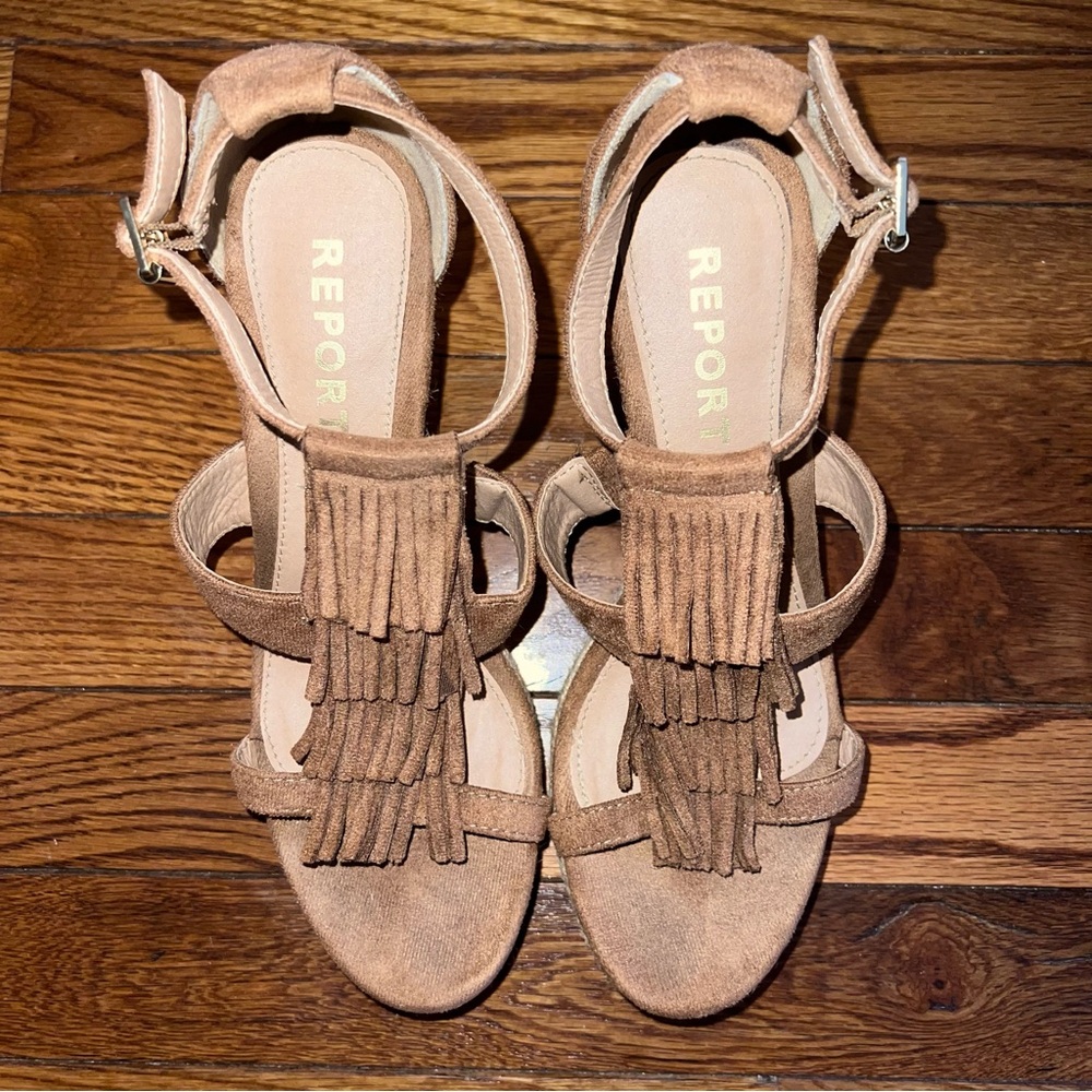 Report Women's Tan Fringe Sandal Wedges Size 7.5